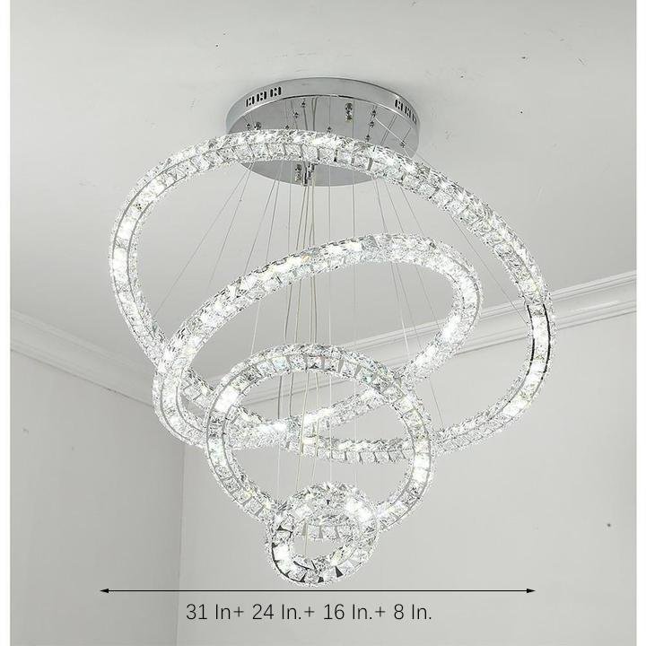 Luxury Crystal Ring LED Chandelier Adjustable Tiered Hanging Pendant Light in Chrome