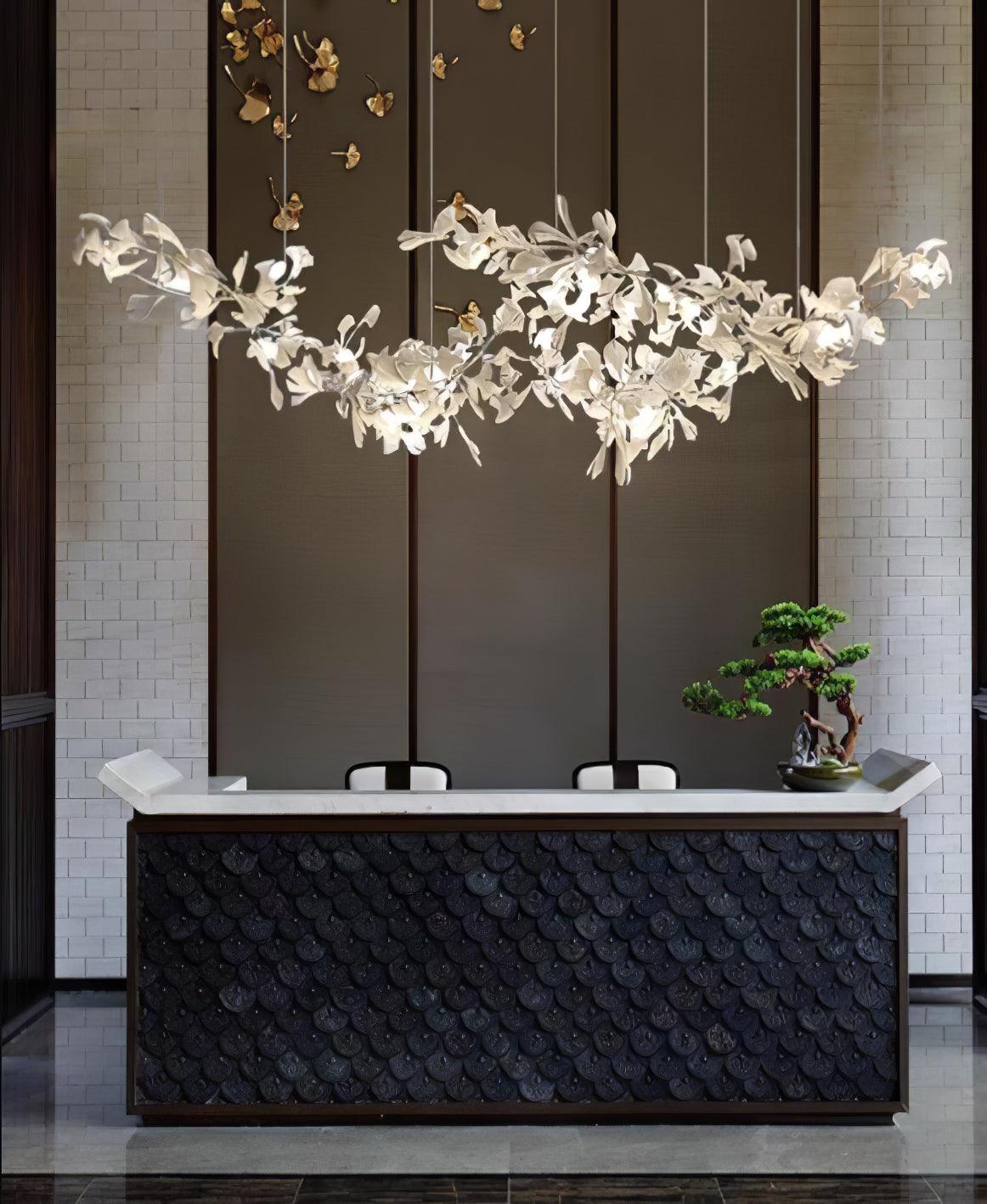 Luxury Double Layer Gingko Leaf Ceramic Crown Chandelier for Large Dining and Living Spaces