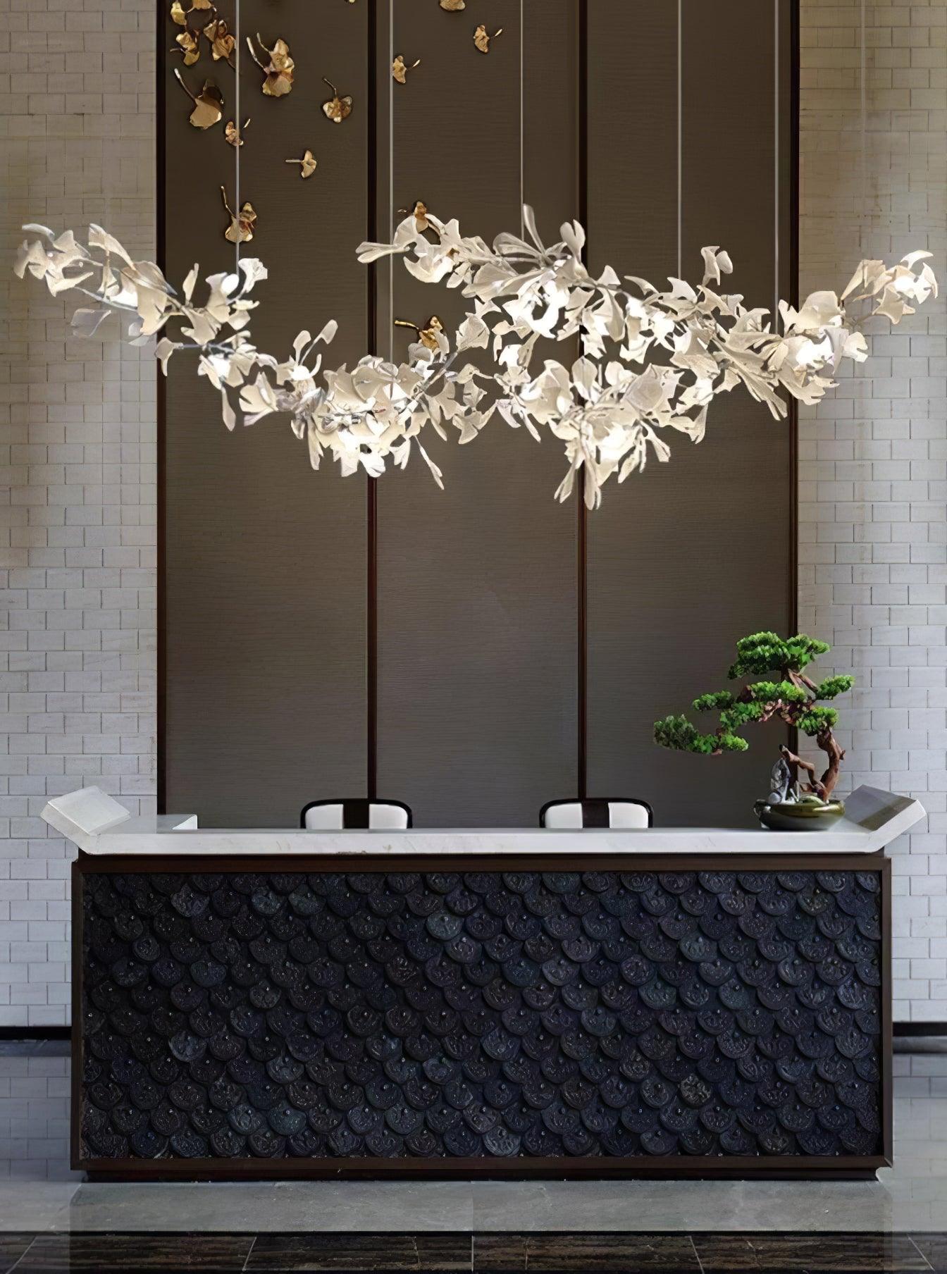 Luxury Double Layer Gingko Leaf Ceramic Crown Chandelier for Large Dining and Living Spaces