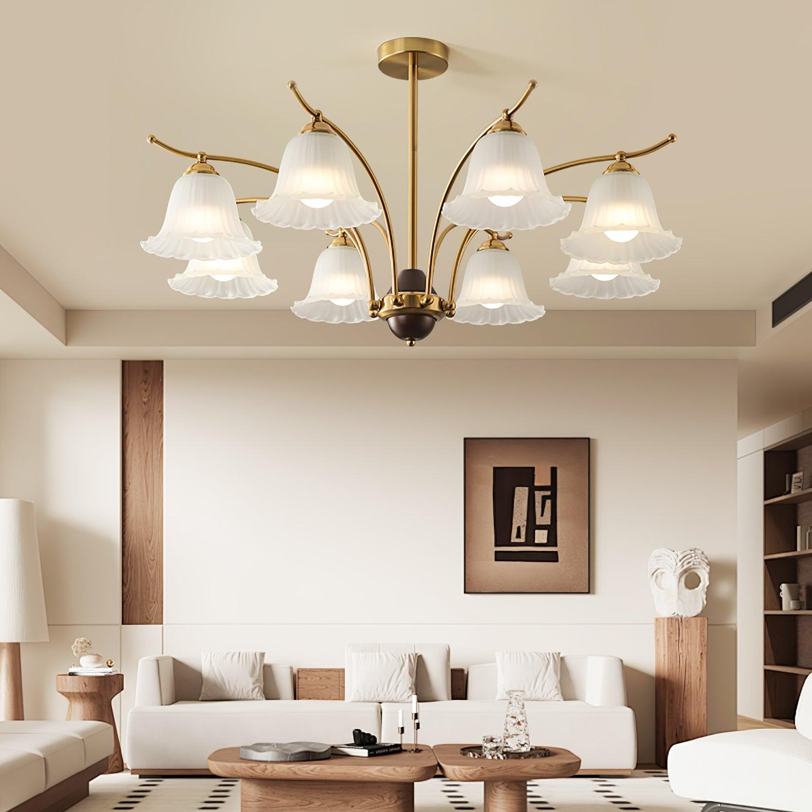 Luxury Flora Brass Chandelier with Elegant Frosted Glass Flower Petal Shades