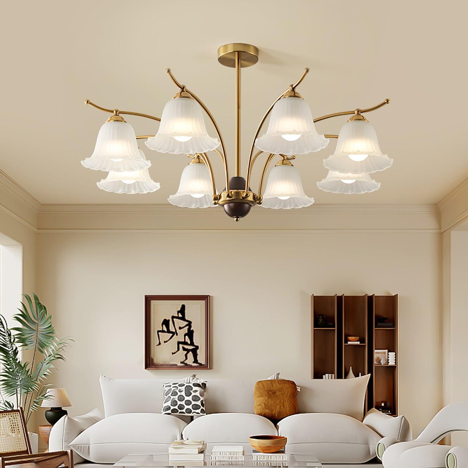 Luxury Flora Brass Chandelier with Elegant Frosted Glass Flower Petal Shades