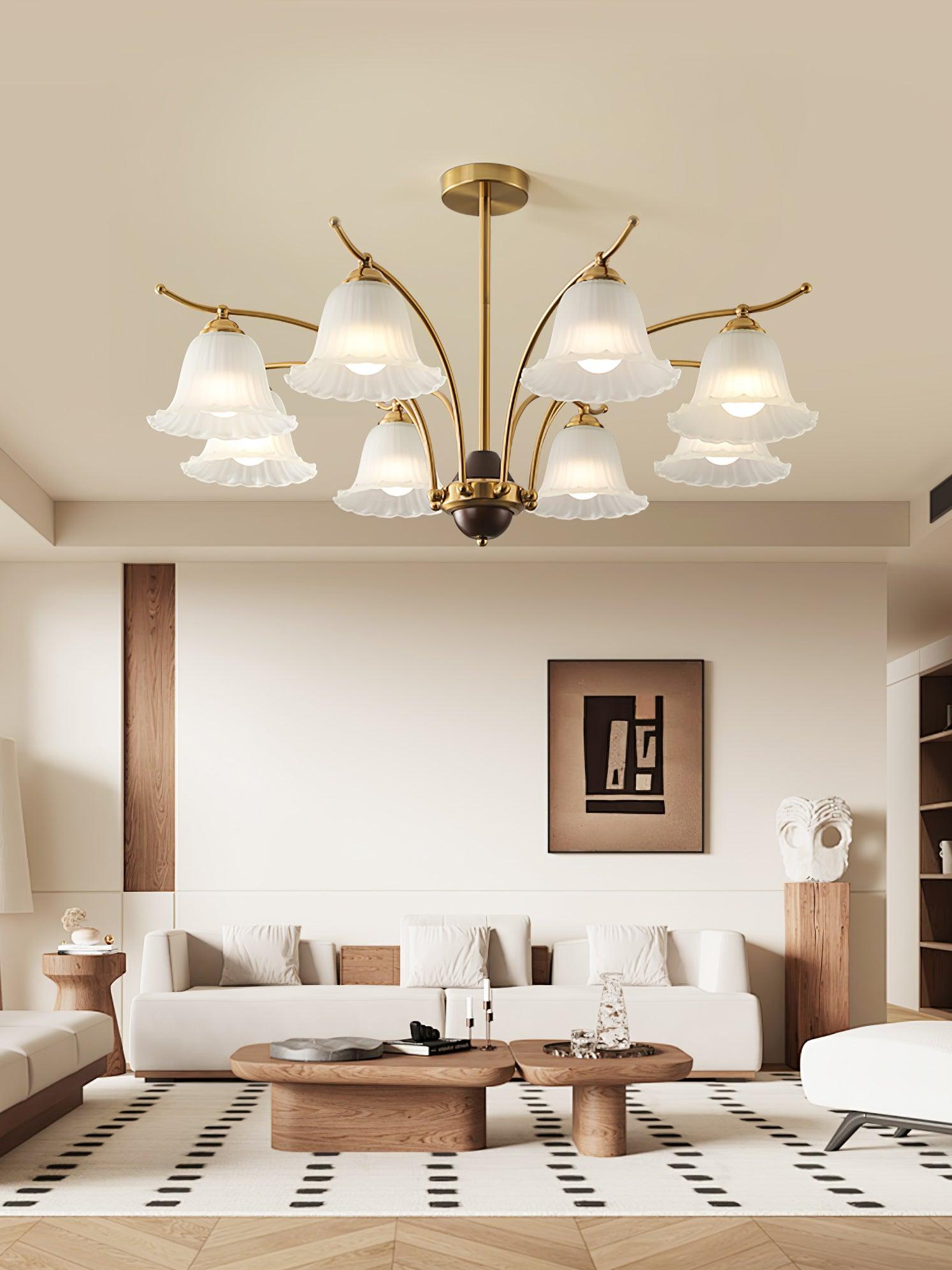 Luxury Flora Brass Chandelier with Elegant Frosted Glass Flower Petal Shades