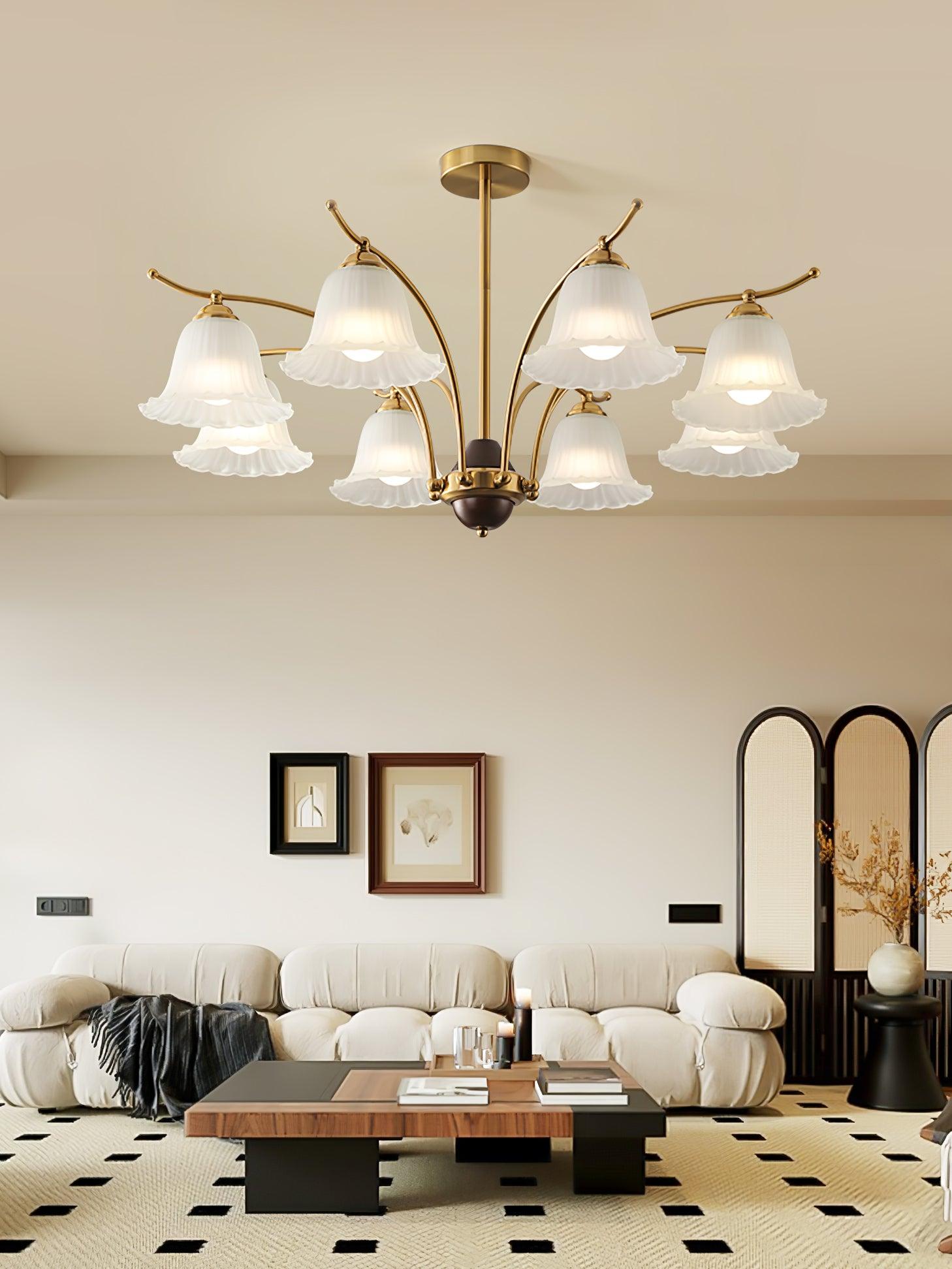 Luxury Flora Brass Chandelier with Elegant Frosted Glass Flower Petal Shades
