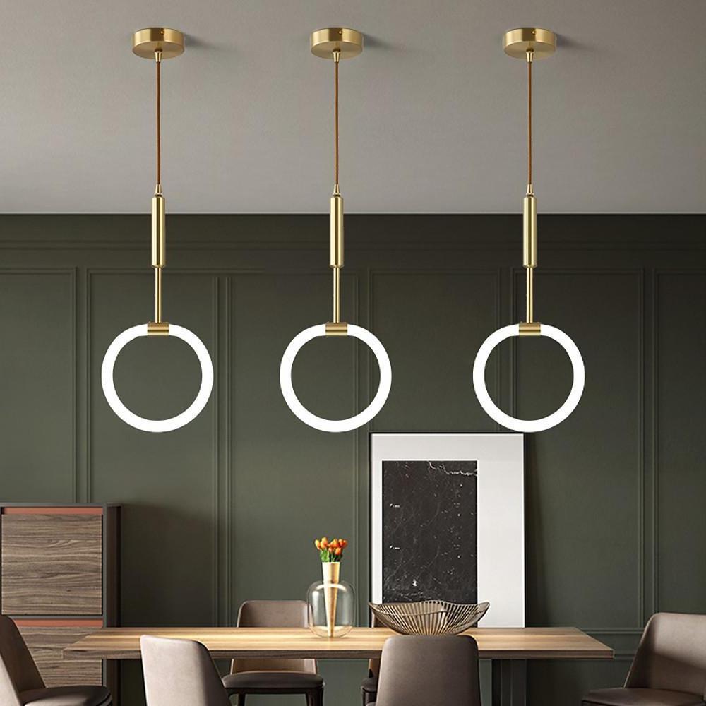 Luxury Gold Circle LED Pendant Light Copper Geometric Hanging Chandelier for Bedroom and Kitchen Island