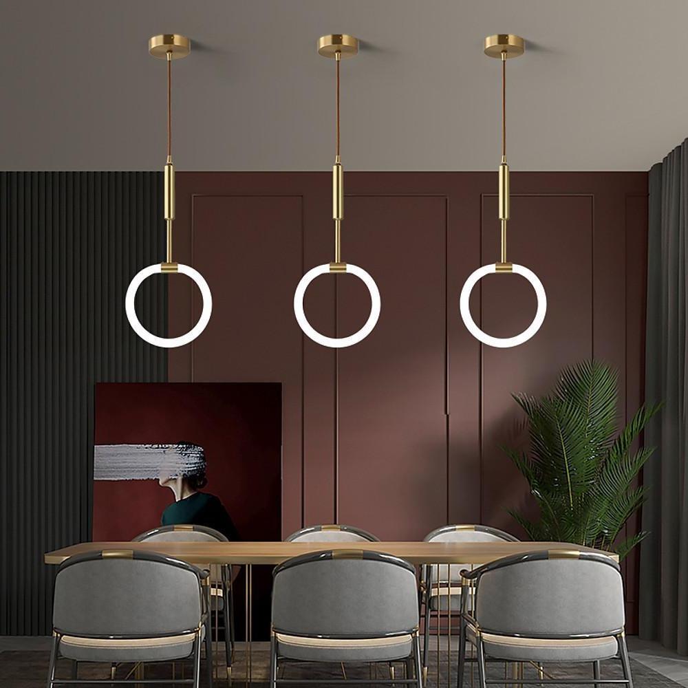Luxury Gold Circle LED Pendant Light Copper Geometric Hanging Chandelier for Bedroom and Kitchen Island