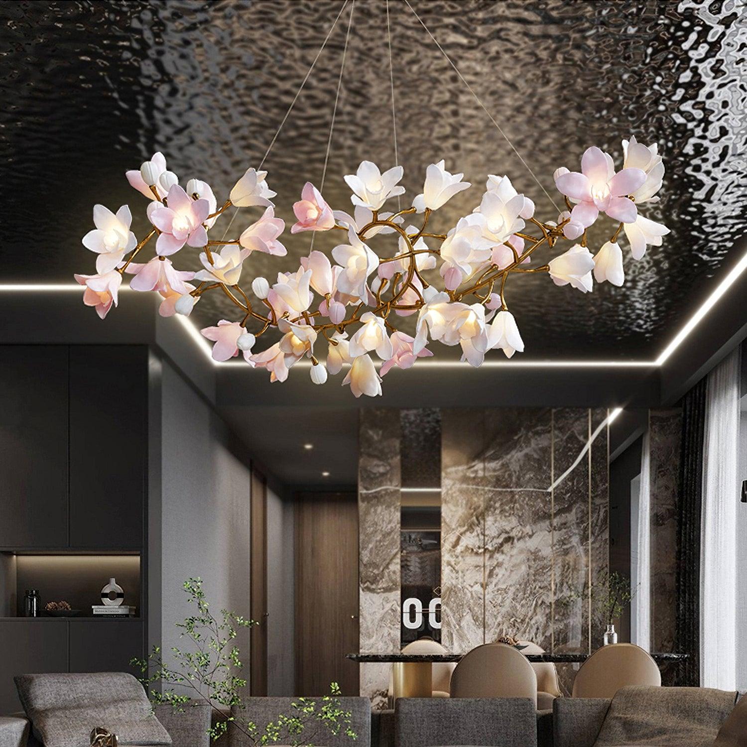 Luxury Handcrafted Ceramic Blossom Chandelier Brass Floral Pendant Ceiling Light Fixture