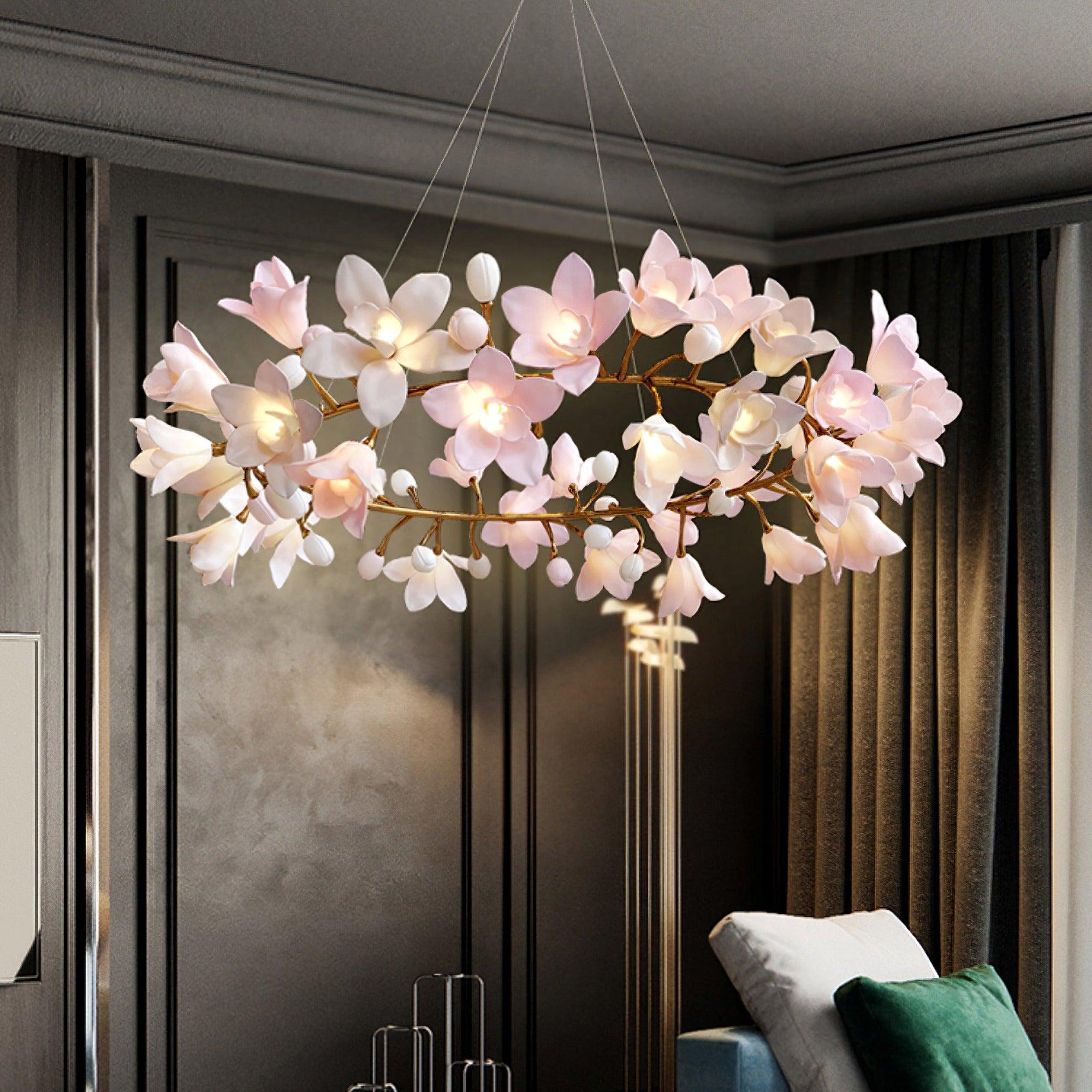 Luxury Handcrafted Ceramic Blossom Chandelier Brass Floral Pendant Ceiling Light Fixture