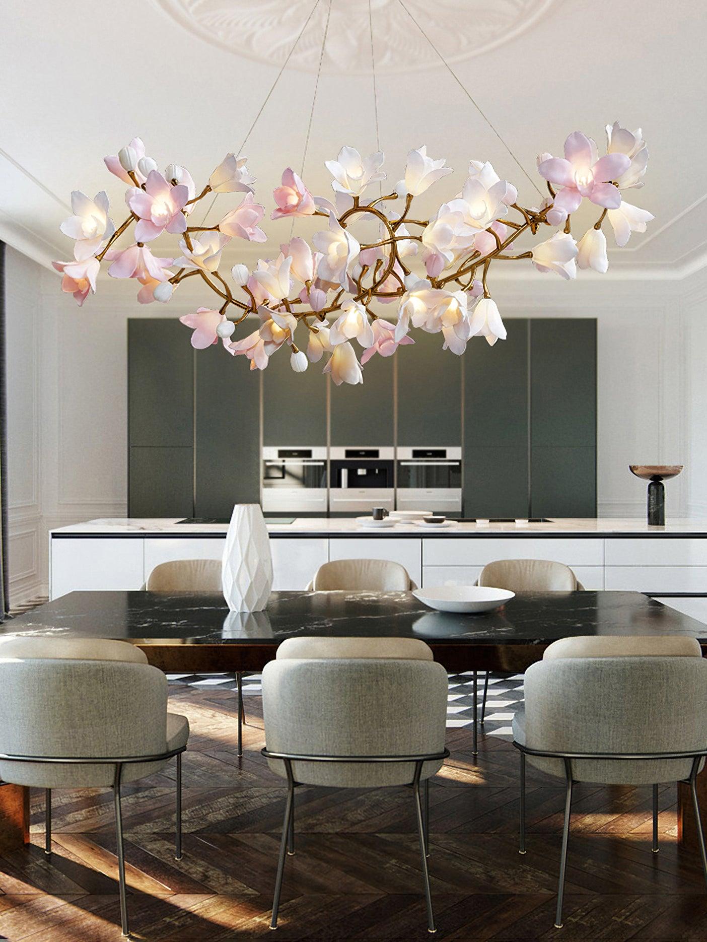 Luxury Handcrafted Ceramic Blossom Chandelier Brass Floral Pendant Ceiling Light Fixture