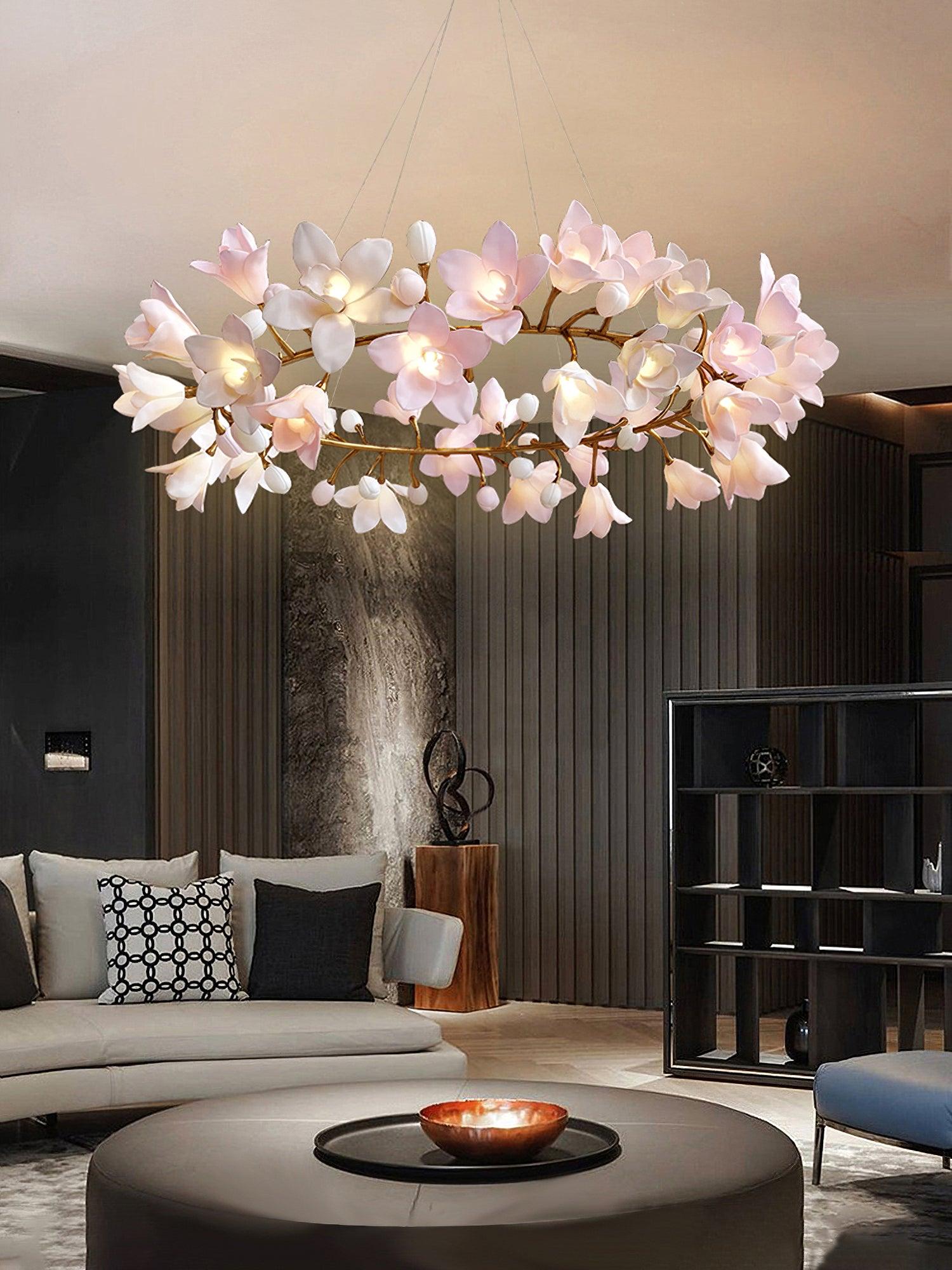 Luxury Handcrafted Ceramic Blossom Chandelier Brass Floral Pendant Ceiling Light Fixture