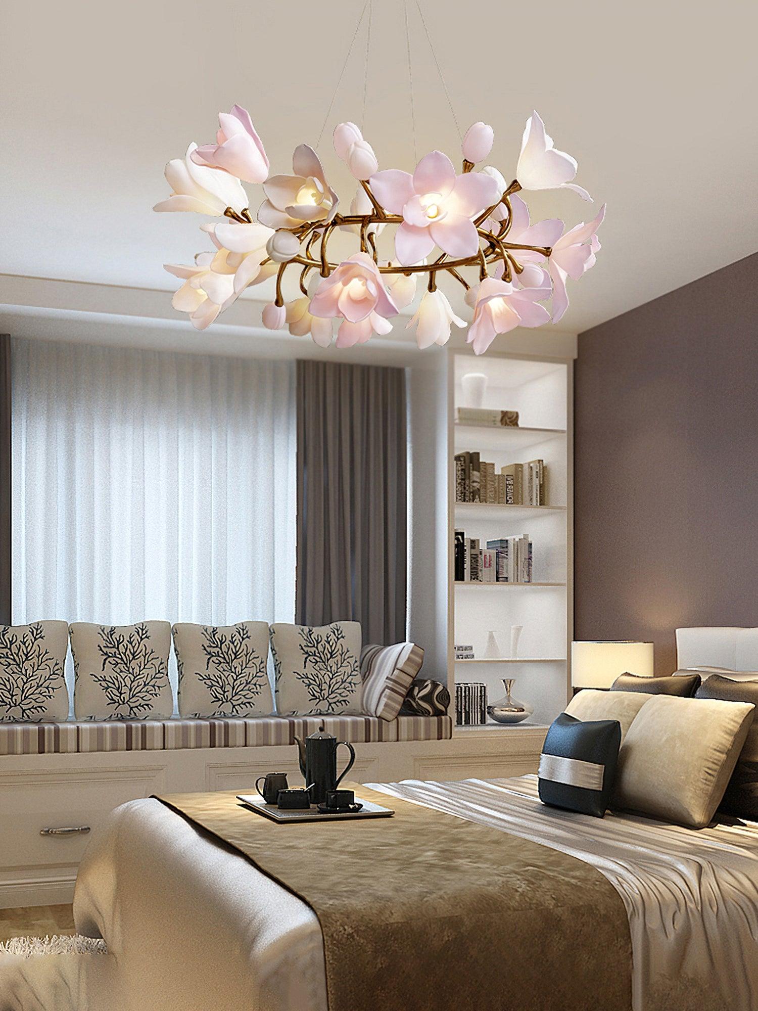 Luxury Handcrafted Ceramic Blossom Chandelier Brass Floral Pendant Ceiling Light Fixture