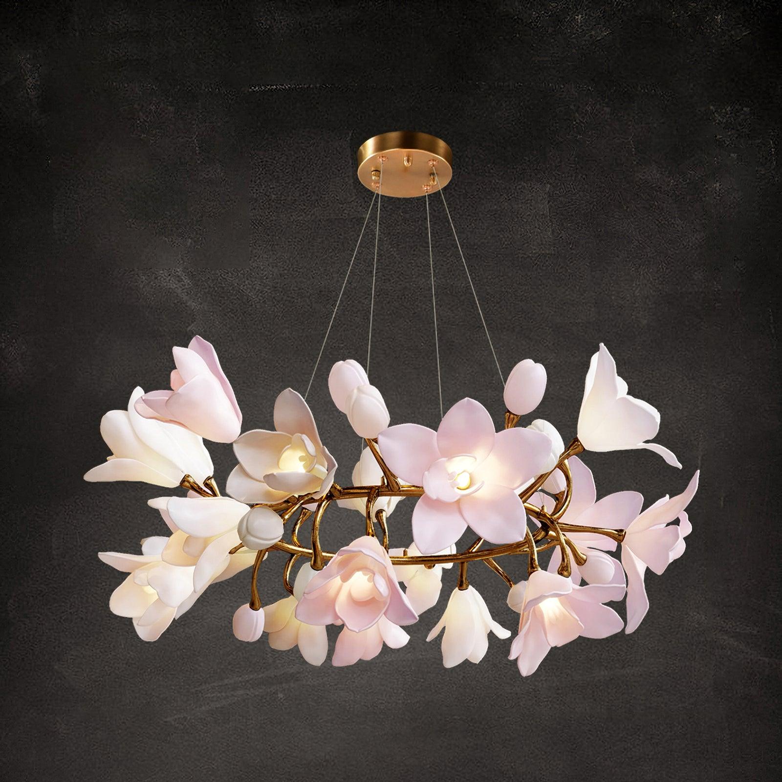 Luxury Handcrafted Ceramic Blossom Chandelier Brass Floral Pendant Ceiling Light Fixture
