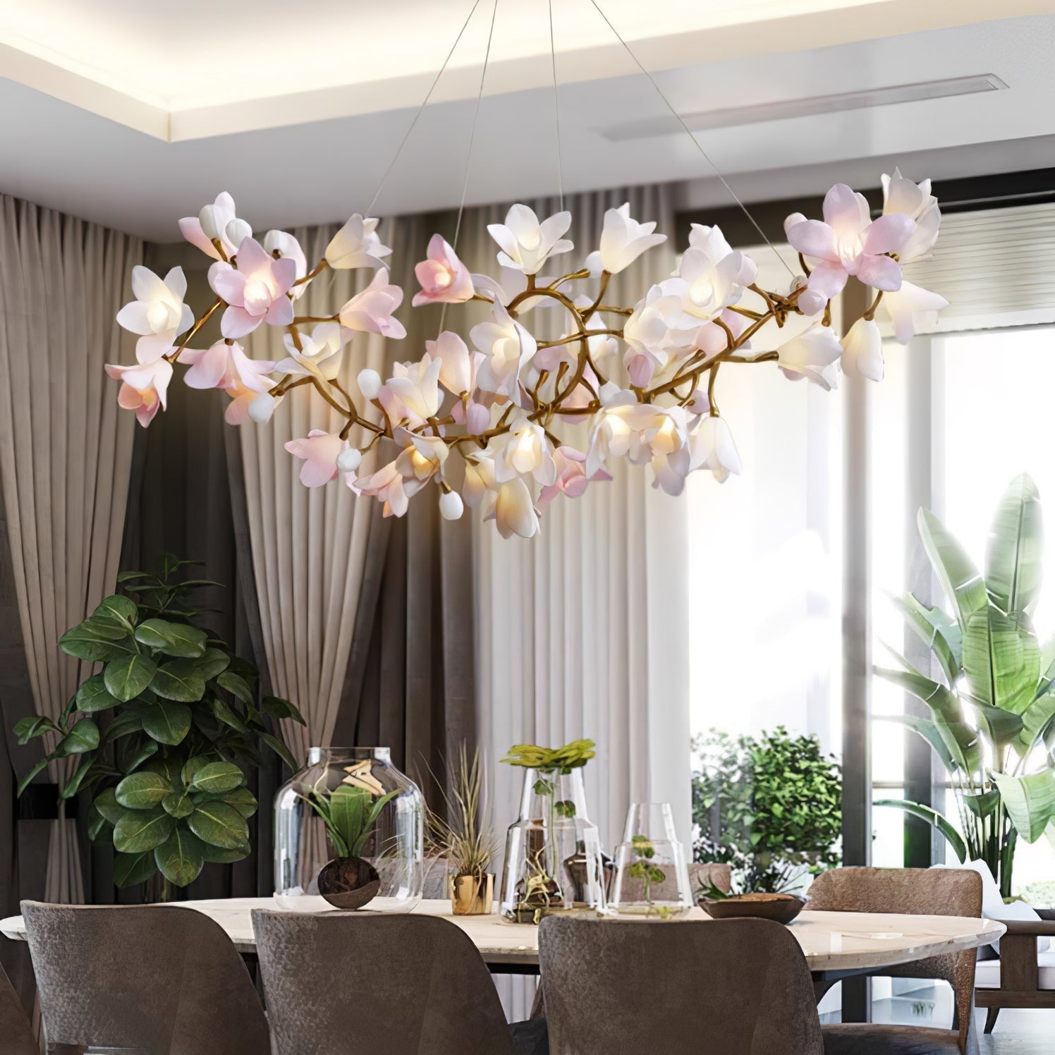 Luxury Handcrafted Ceramic Blossom Chandelier Brass Floral Pendant Ceiling Light Fixture