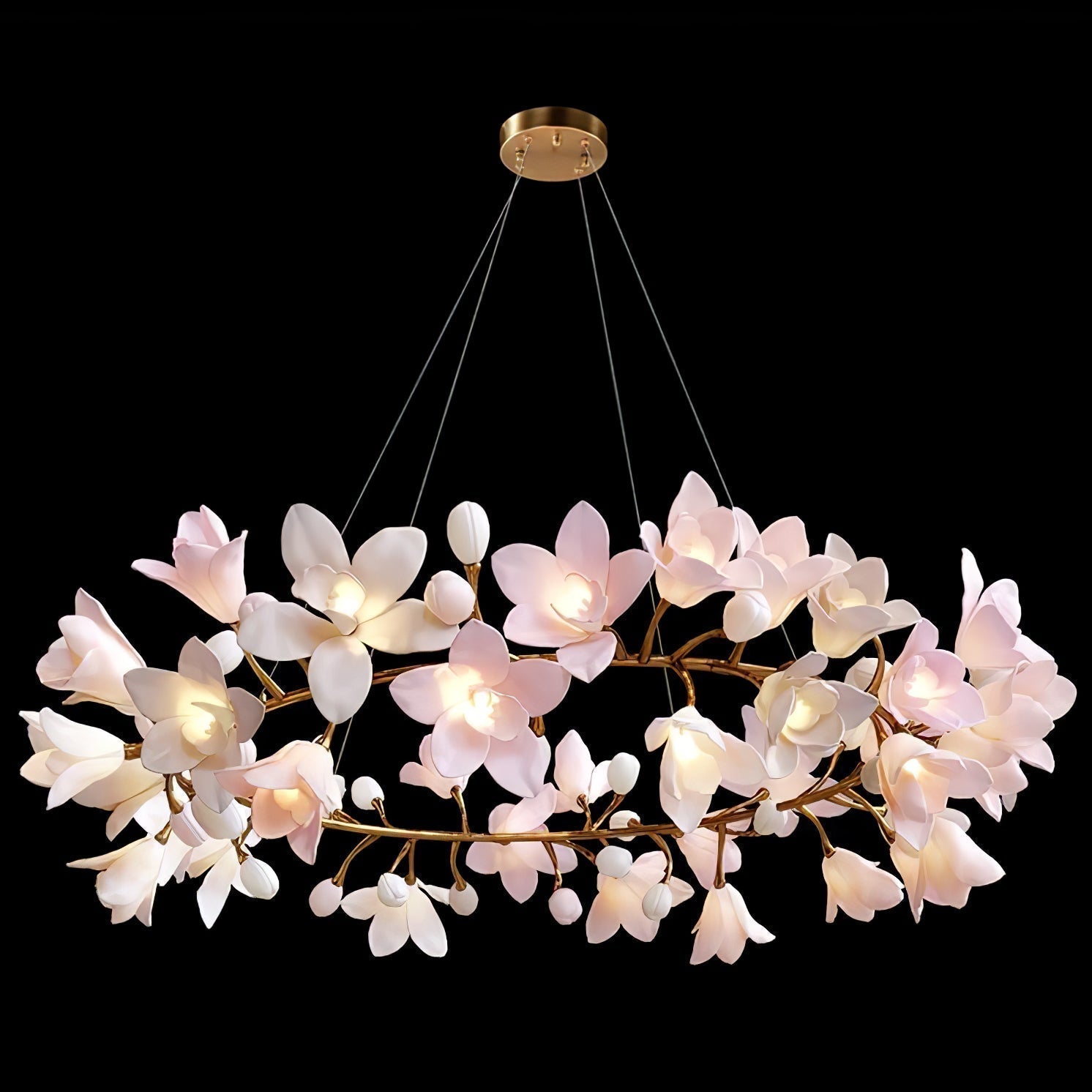 Luxury Handcrafted Ceramic Blossom Chandelier Brass Floral Pendant Ceiling Light Fixture