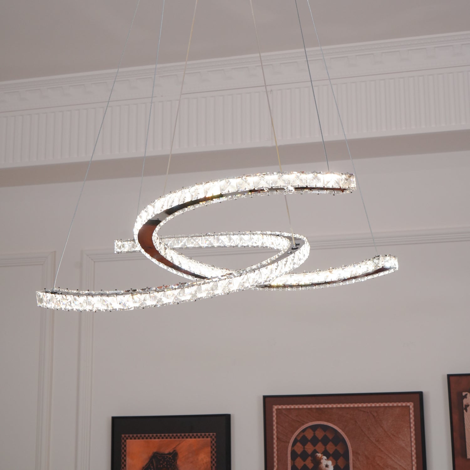 Luxury K9 Crystal Double C Ring Pendant Light Modern Silver Stainless Steel LED Chandelier Lighting