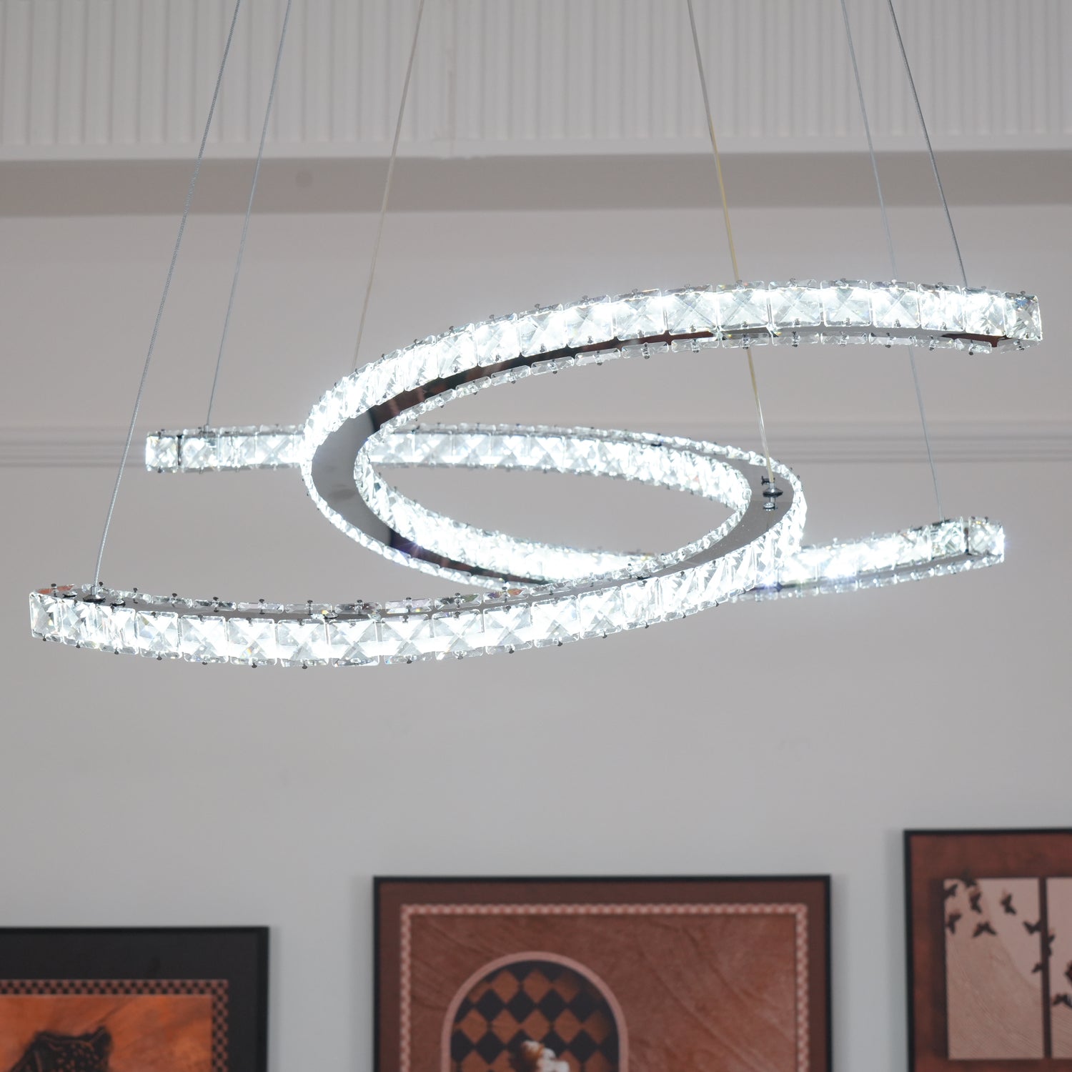 Luxury K9 Crystal Double C Ring Pendant Light Modern Silver Stainless Steel LED Chandelier Lighting