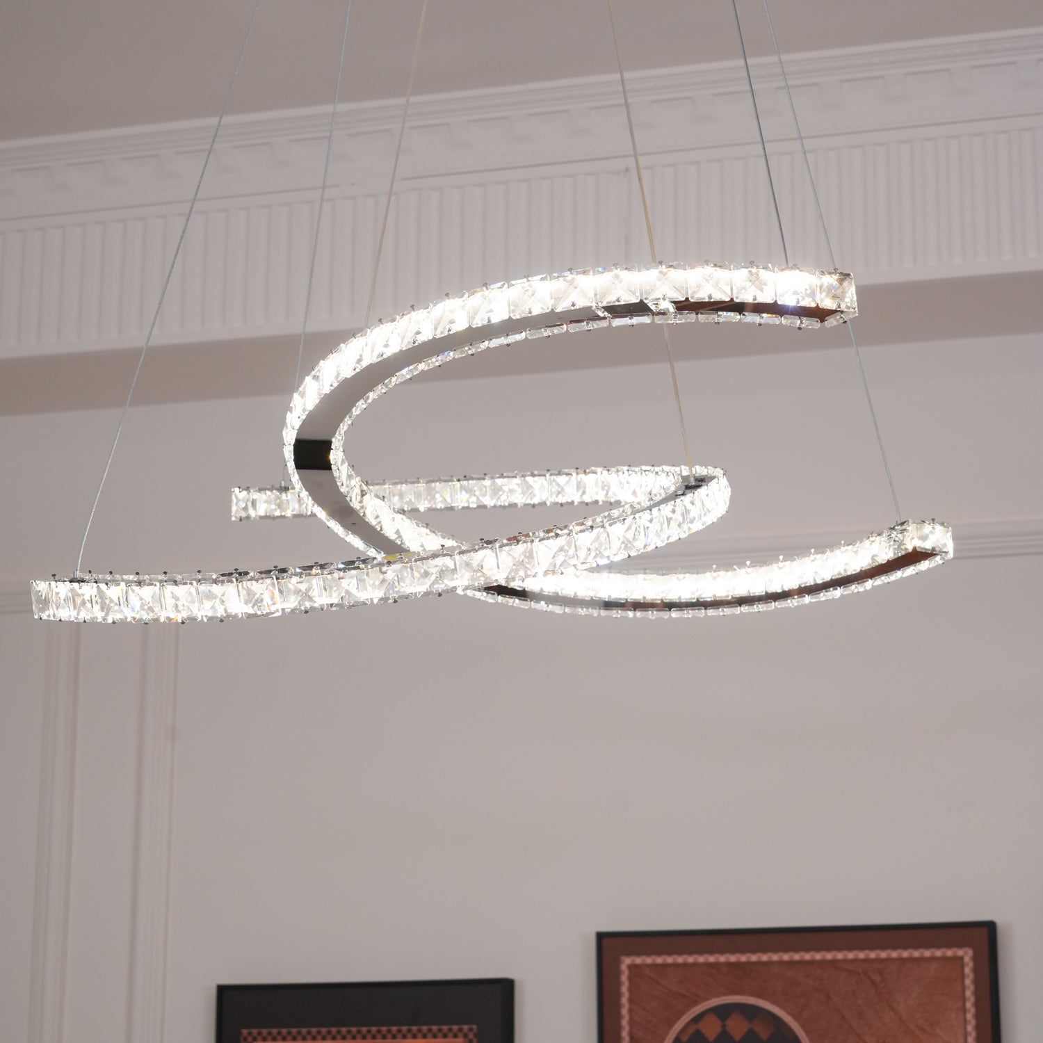 Luxury K9 Crystal Double C Ring Pendant Light Modern Silver Stainless Steel LED Chandelier Lighting