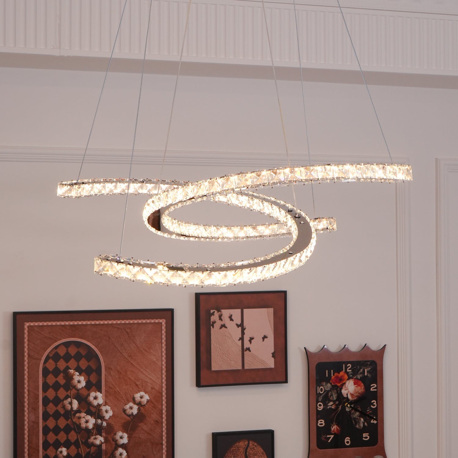 Luxury K9 Crystal Double C Ring Pendant Light Modern Silver Stainless Steel LED Chandelier Lighting