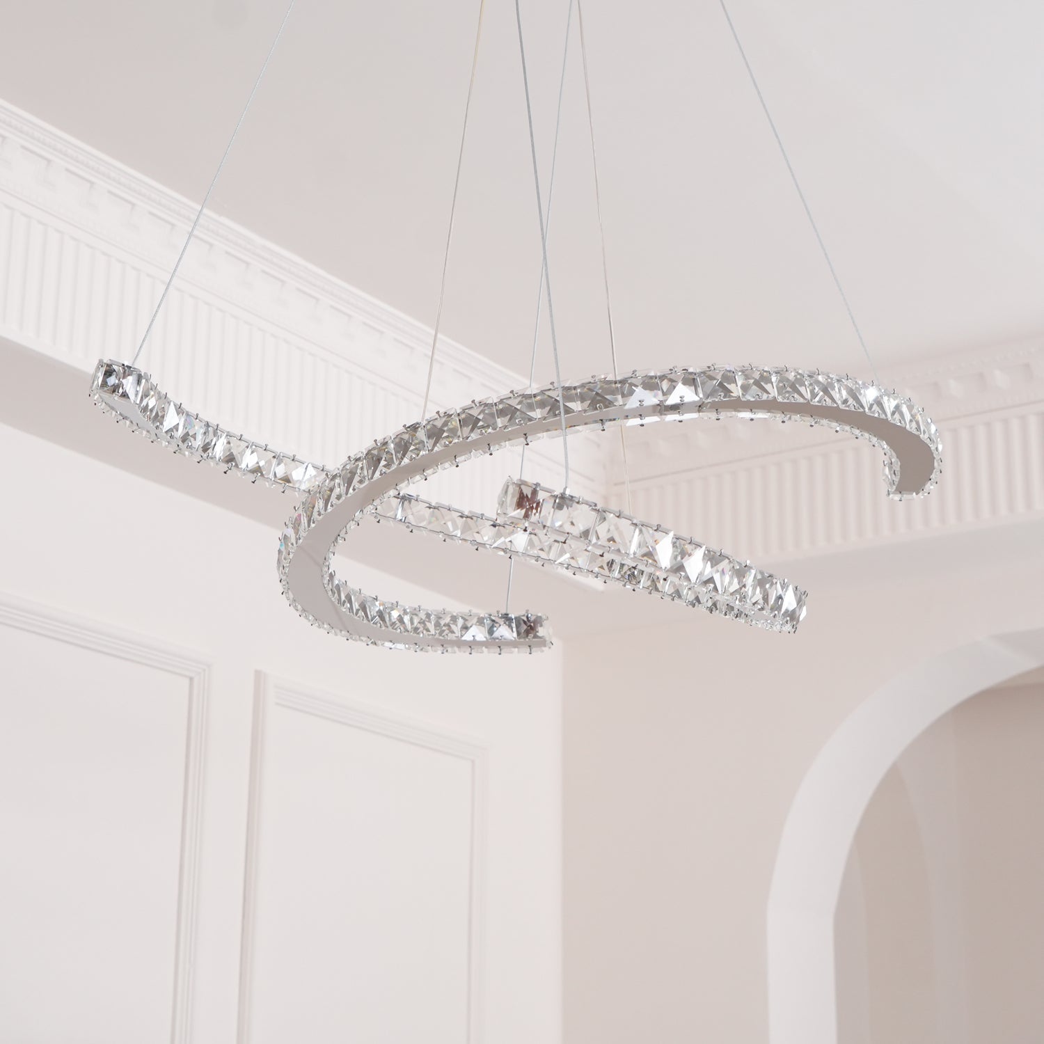 Luxury K9 Crystal Double C Ring Pendant Light Modern Silver Stainless Steel LED Chandelier Lighting