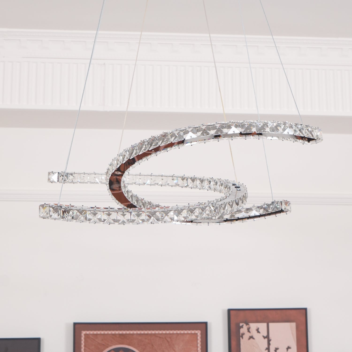 Luxury K9 Crystal Double C Ring Pendant Light Modern Silver Stainless Steel LED Chandelier Lighting