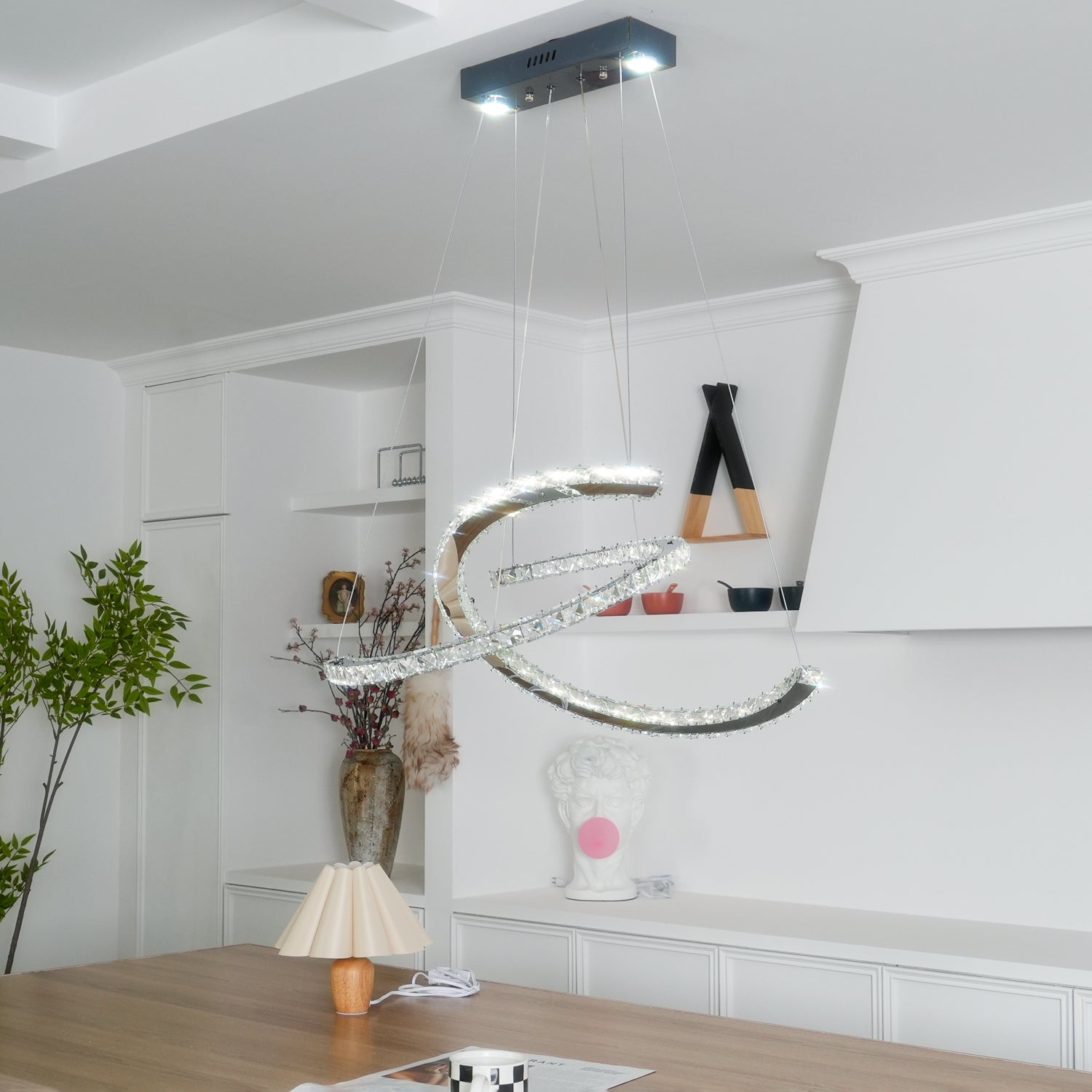 Luxury K9 Crystal Double C Ring Pendant Light Modern Silver Stainless Steel LED Chandelier Lighting