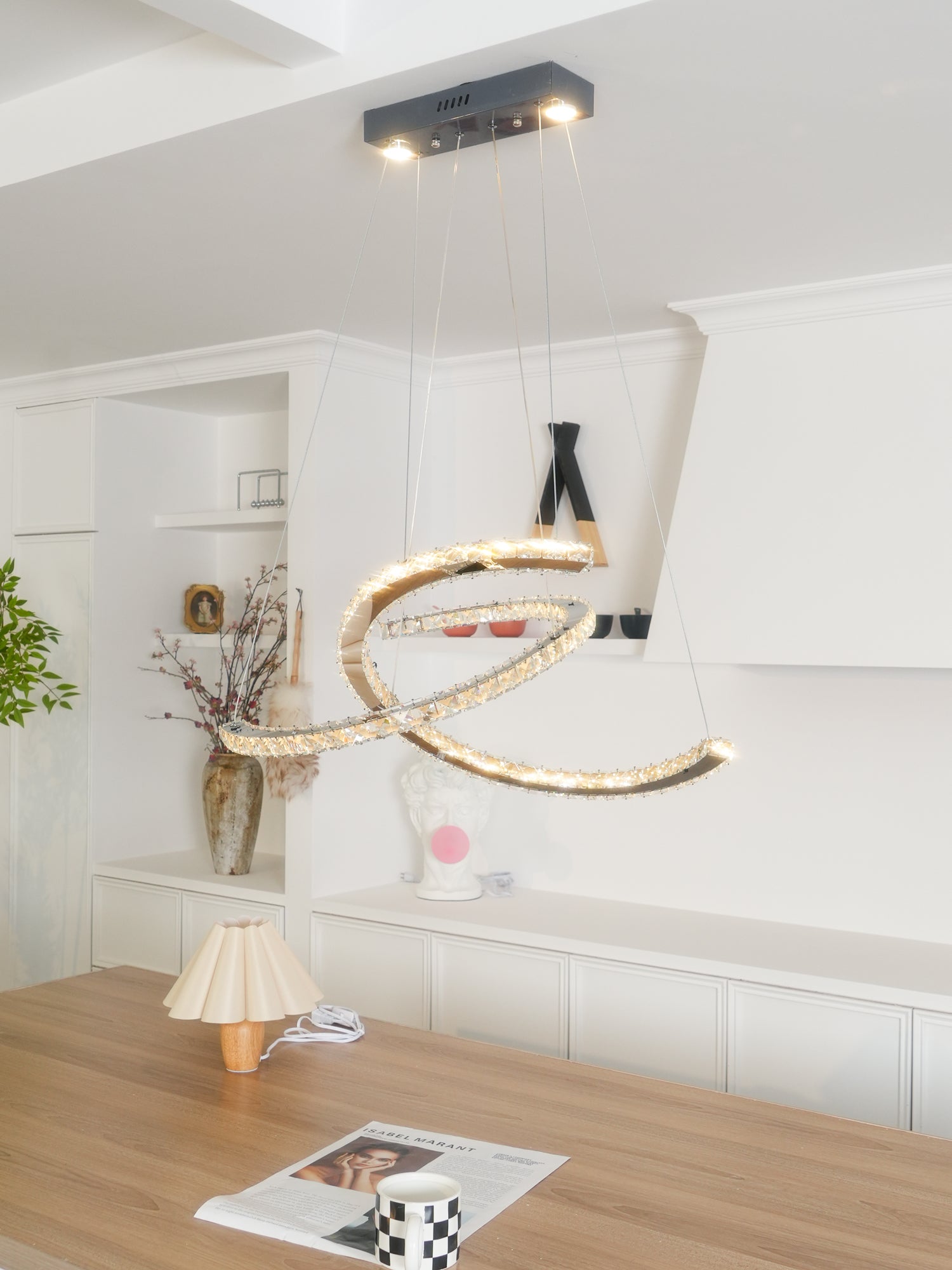 Luxury K9 Crystal Double C Ring Pendant Light Modern Silver Stainless Steel LED Chandelier Lighting