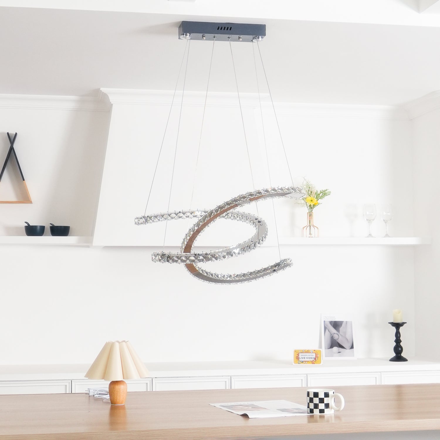 Luxury K9 Crystal Double C Ring Pendant Light Modern Silver Stainless Steel LED Chandelier Lighting