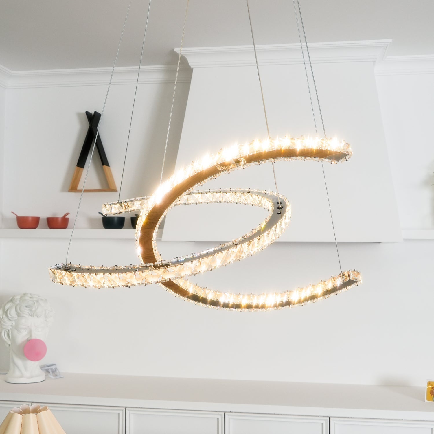 Luxury K9 Crystal Double C Ring Pendant Light Modern Silver Stainless Steel LED Chandelier Lighting