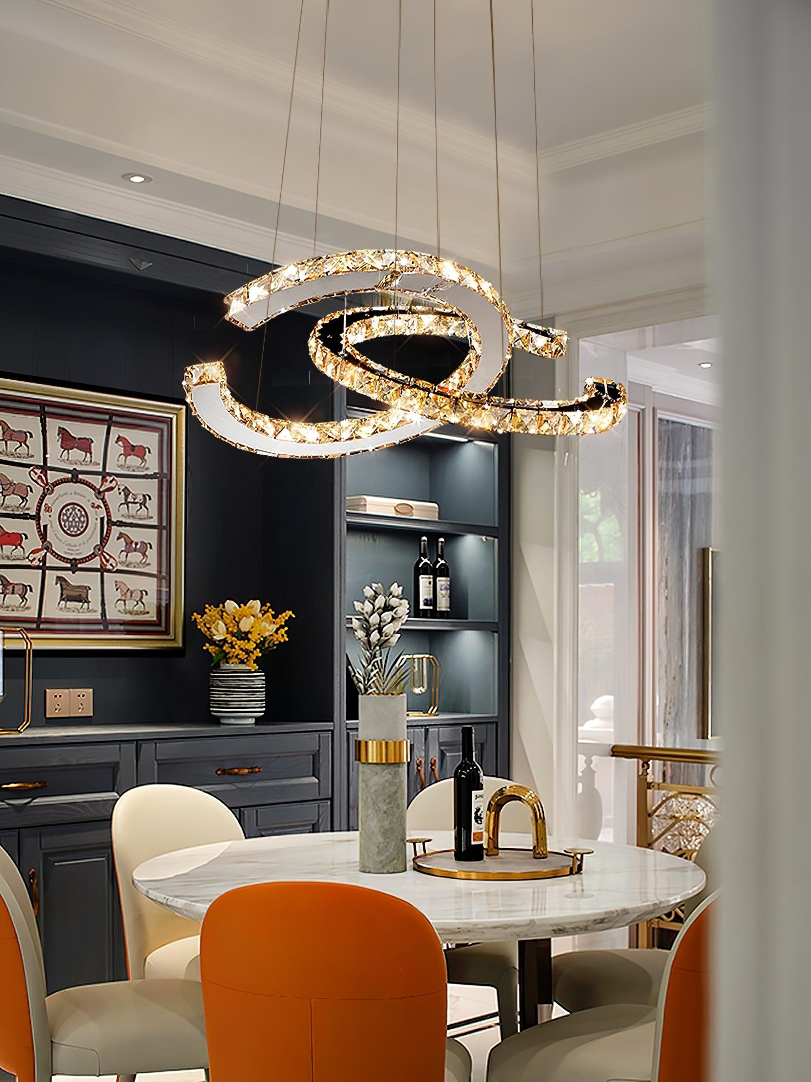 Luxury K9 Crystal Double C Ring Pendant Light Modern Silver Stainless Steel LED Chandelier Lighting