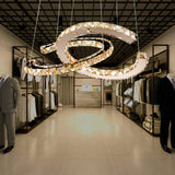 Luxury K9 Crystal Double C Ring Pendant Light Modern Silver Stainless Steel LED Chandelier Lighting