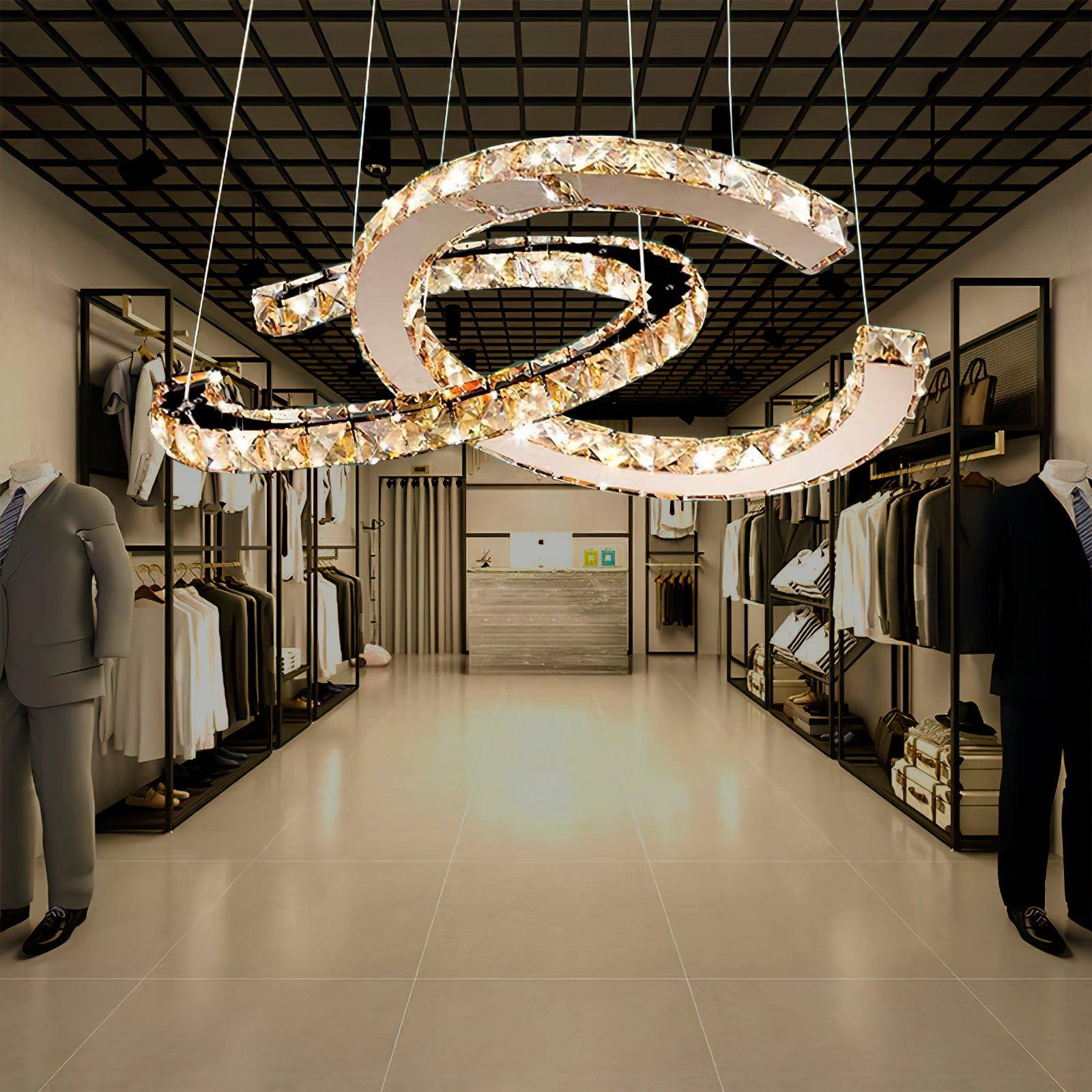 Luxury K9 Crystal Double C Ring Pendant Light Modern Silver Stainless Steel LED Chandelier Lighting