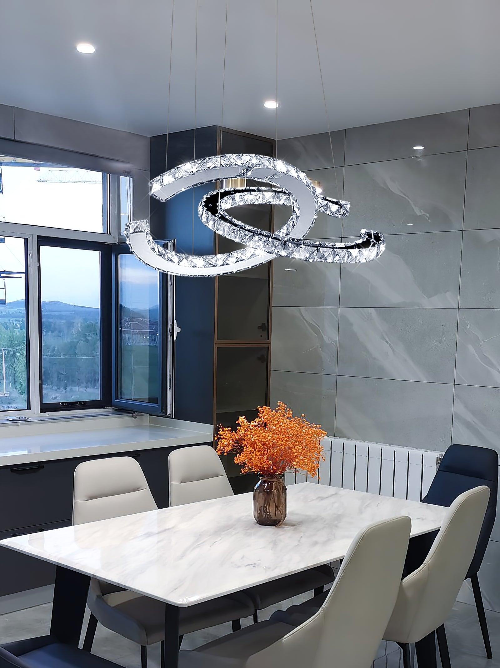 Luxury K9 Crystal Double C Ring Pendant Light Modern Silver Stainless Steel LED Chandelier Lighting