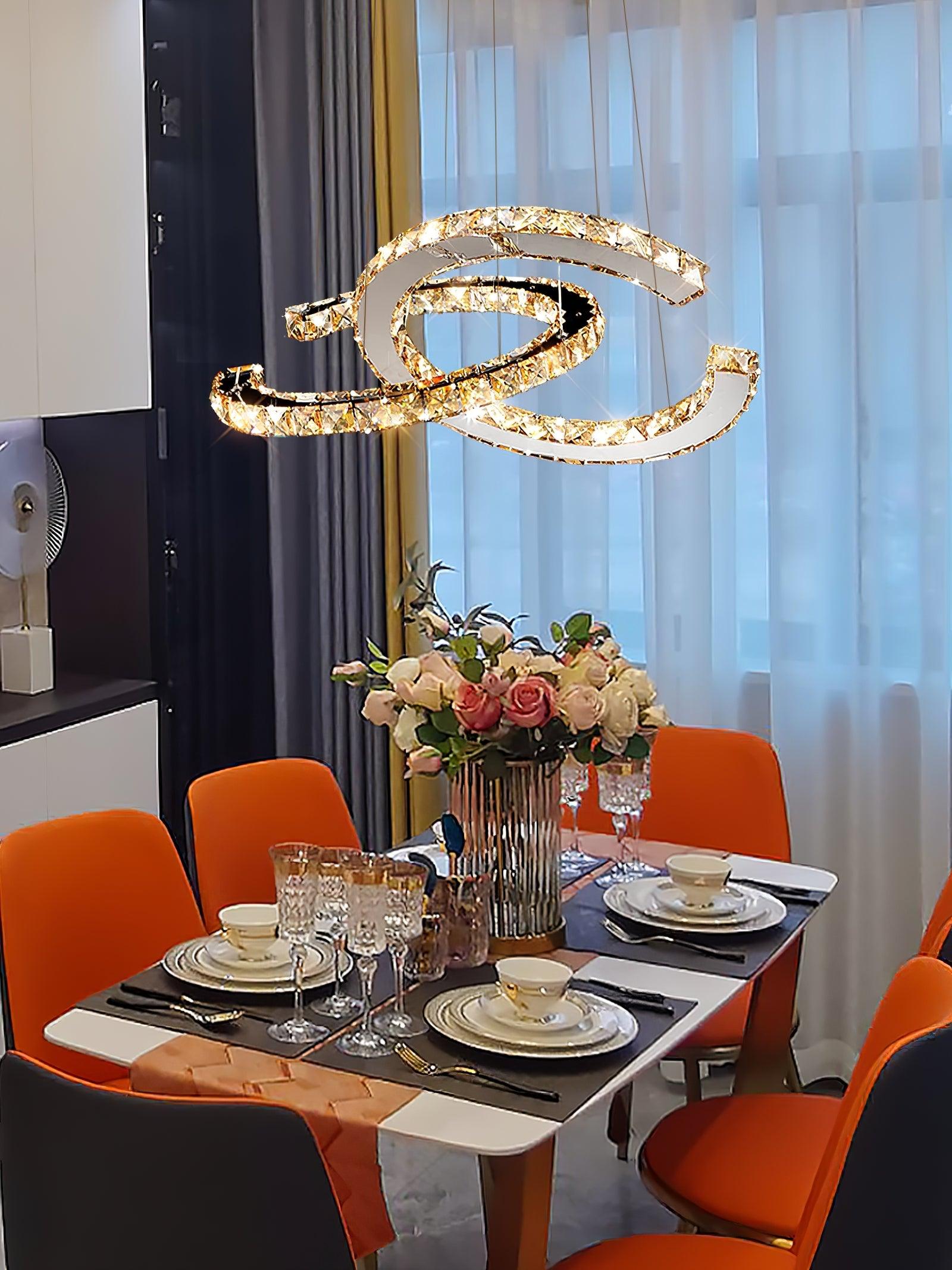 Luxury K9 Crystal Double C Ring Pendant Light Modern Silver Stainless Steel LED Chandelier Lighting