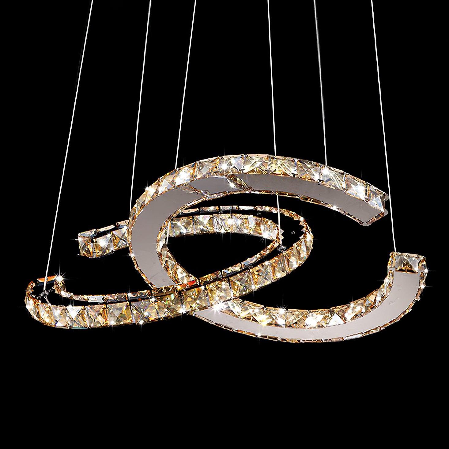 Luxury K9 Crystal Double C Ring Pendant Light Modern Silver Stainless Steel LED Chandelier Lighting