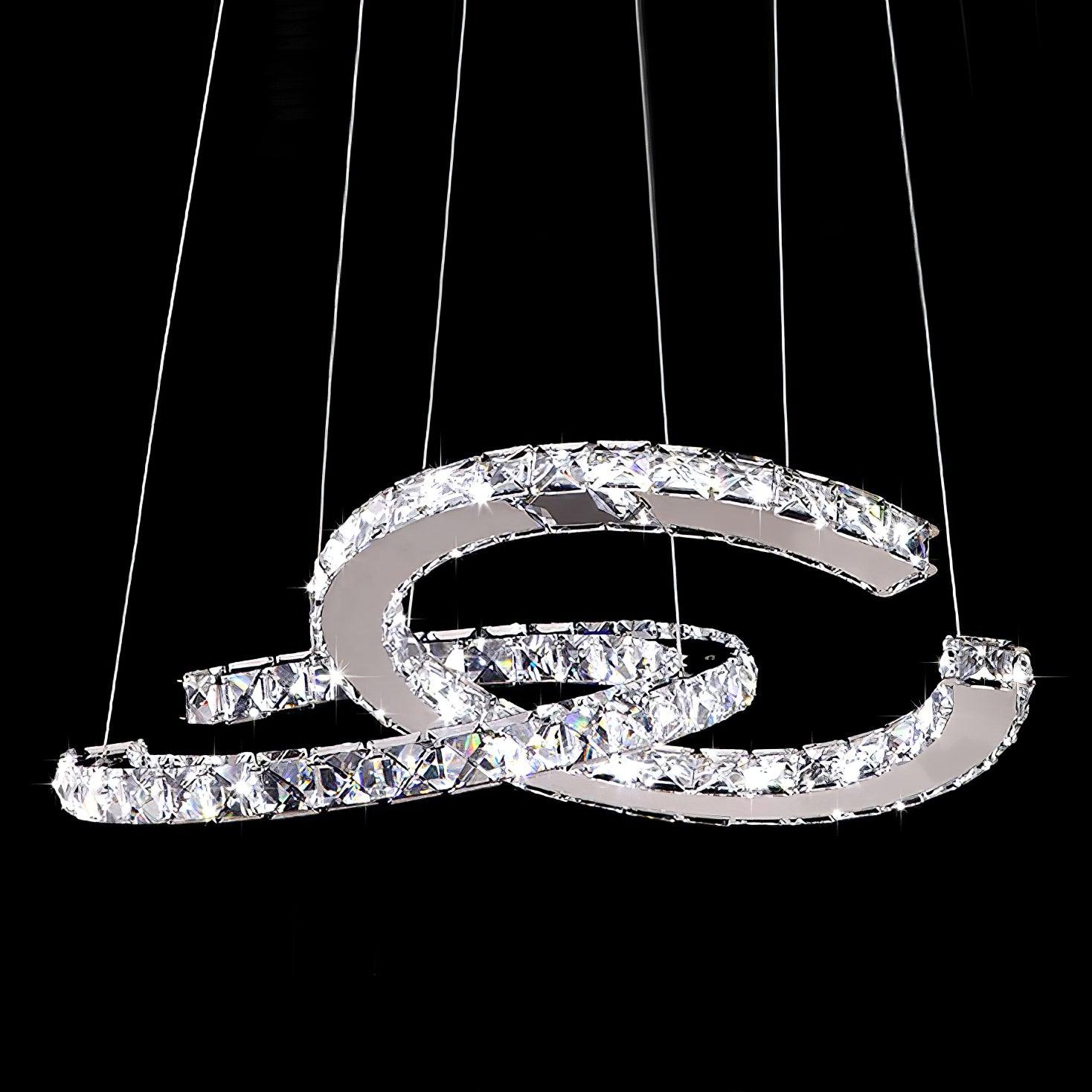 Luxury K9 Crystal Double C Ring Pendant Light Modern Silver Stainless Steel LED Chandelier Lighting