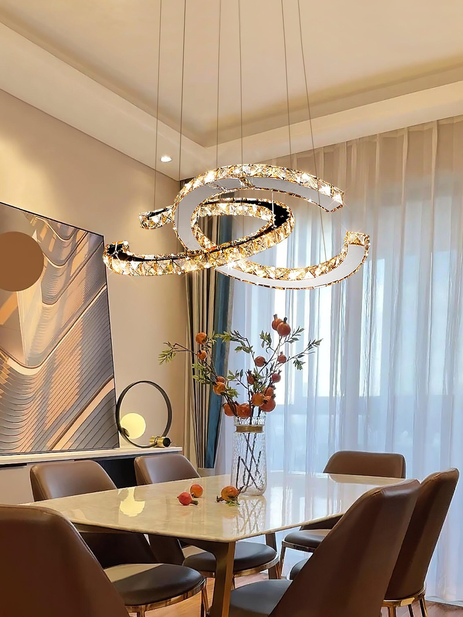 Luxury K9 Crystal Double C Ring Pendant Light Modern Silver Stainless Steel LED Chandelier Lighting