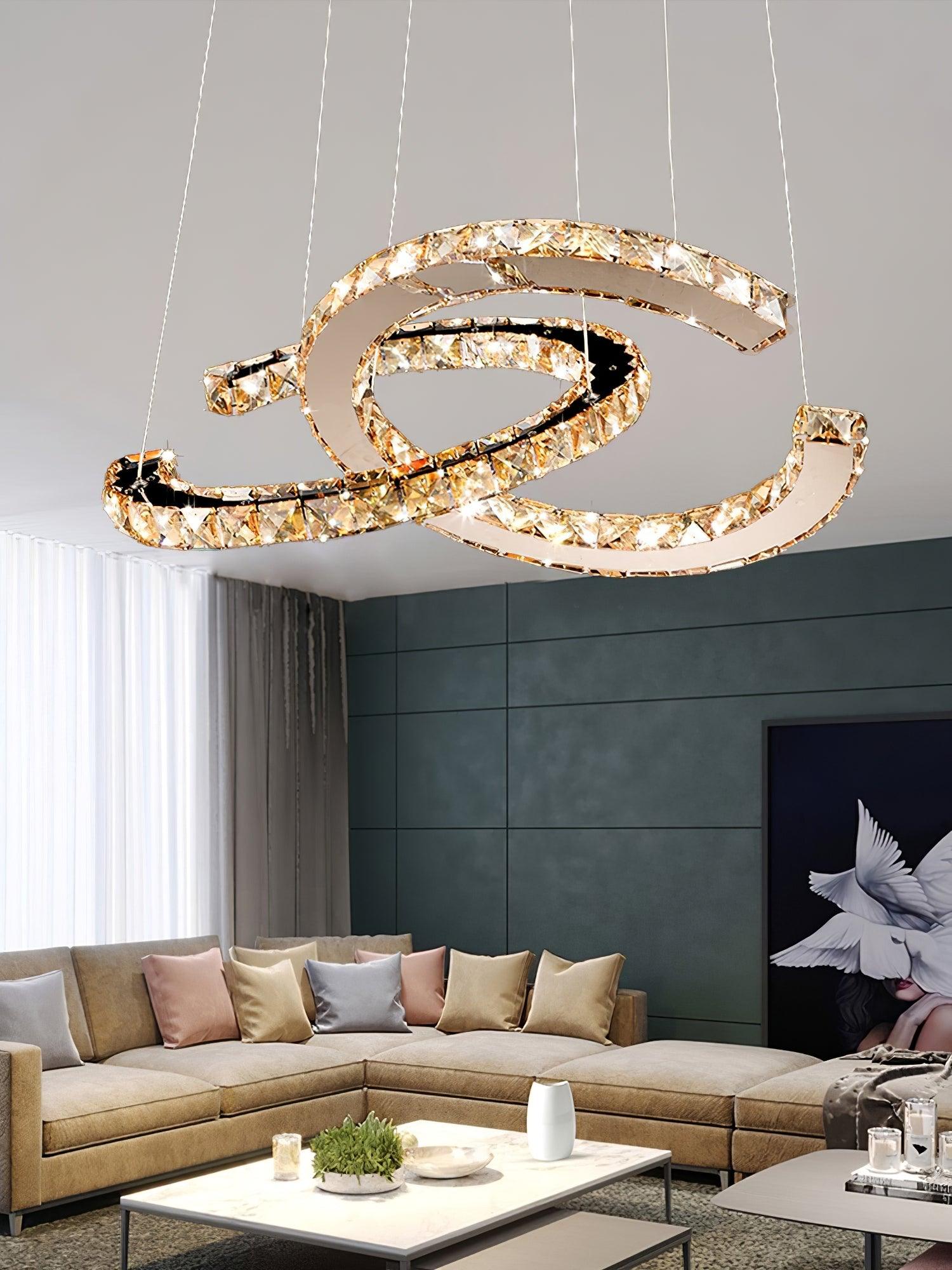 Luxury K9 Crystal Double C Ring Pendant Light Modern Silver Stainless Steel LED Chandelier Lighting