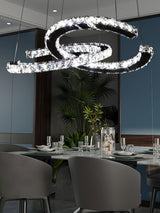 Luxury K9 Crystal Double C Ring Pendant Light Modern Silver Stainless Steel LED Chandelier Lighting