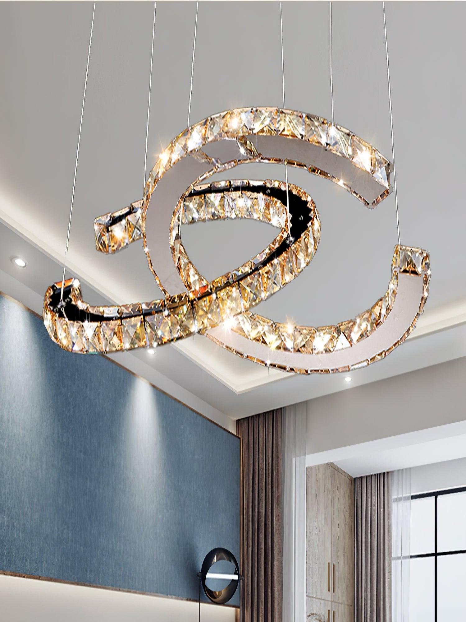 Luxury K9 Crystal Double C Ring Pendant Light Modern Silver Stainless Steel LED Chandelier Lighting