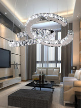 Luxury K9 Crystal Double C Ring Pendant Light Modern Silver Stainless Steel LED Chandelier Lighting