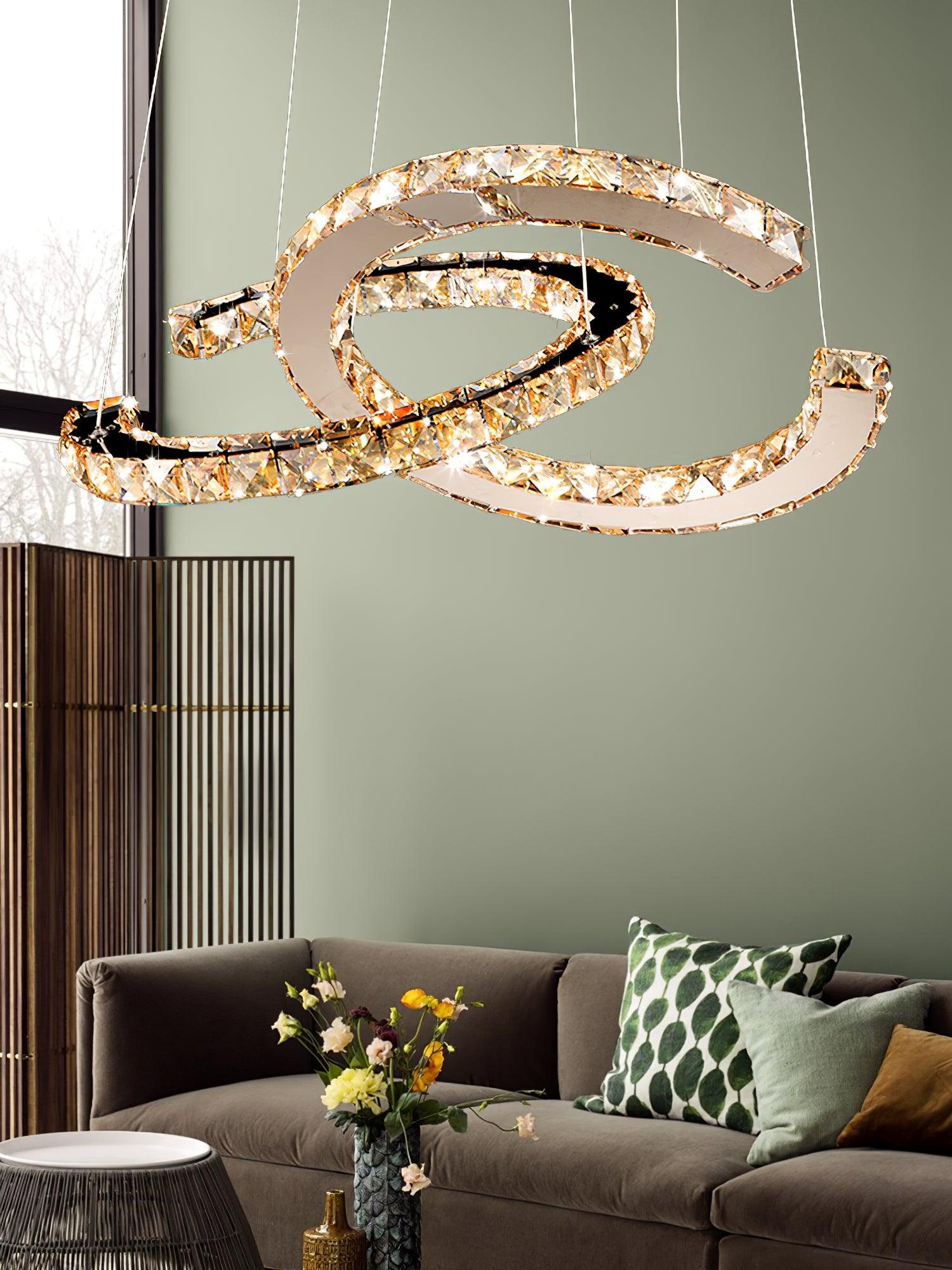 Luxury K9 Crystal Double C Ring Pendant Light Modern Silver Stainless Steel LED Chandelier Lighting