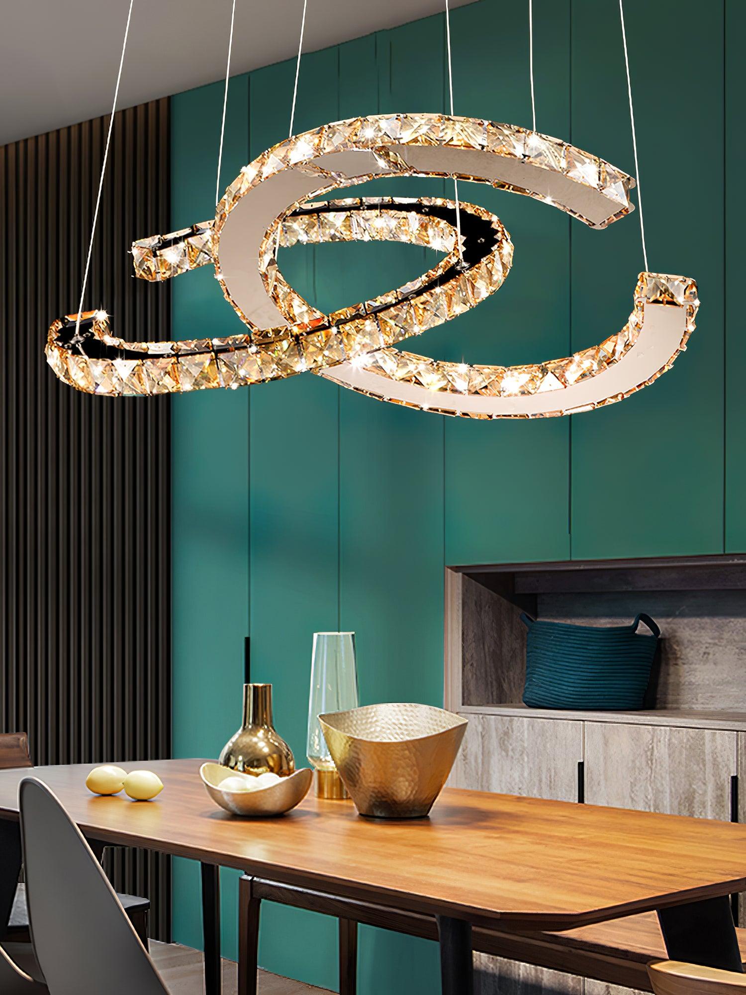 Luxury K9 Crystal Double C Ring Pendant Light Modern Silver Stainless Steel LED Chandelier Lighting
