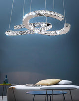 Luxury K9 Crystal Double C Ring Pendant Light Modern Silver Stainless Steel LED Chandelier Lighting