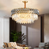 Luxury Modern Crystal Chandelier with Smoke Gray Glass LED Dimmable Round and Rectangular Lights