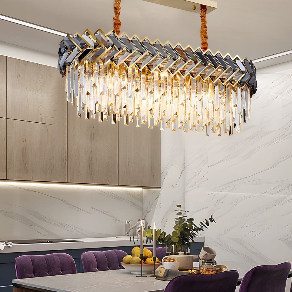 Luxury Modern Crystal Chandelier with Smoke Gray Glass LED Dimmable Round and Rectangular Lights