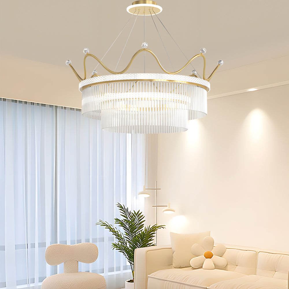 Luxury Modern Double Layer Glass Crystal Crown Pendant Light Gold 3 Step Dimming Chandelier