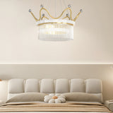 Luxury Modern Double Layer Glass Crystal Crown Pendant Light Gold 3 Step Dimming Chandelier