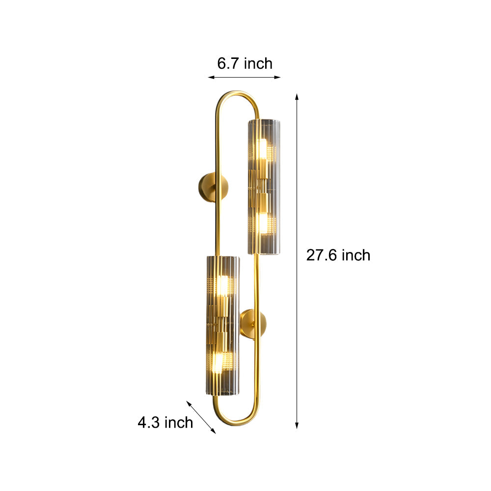 Luxury Modern Gold Brass Wall Lamp with 4 Light Cylindrical Clear Glass Shades for Home