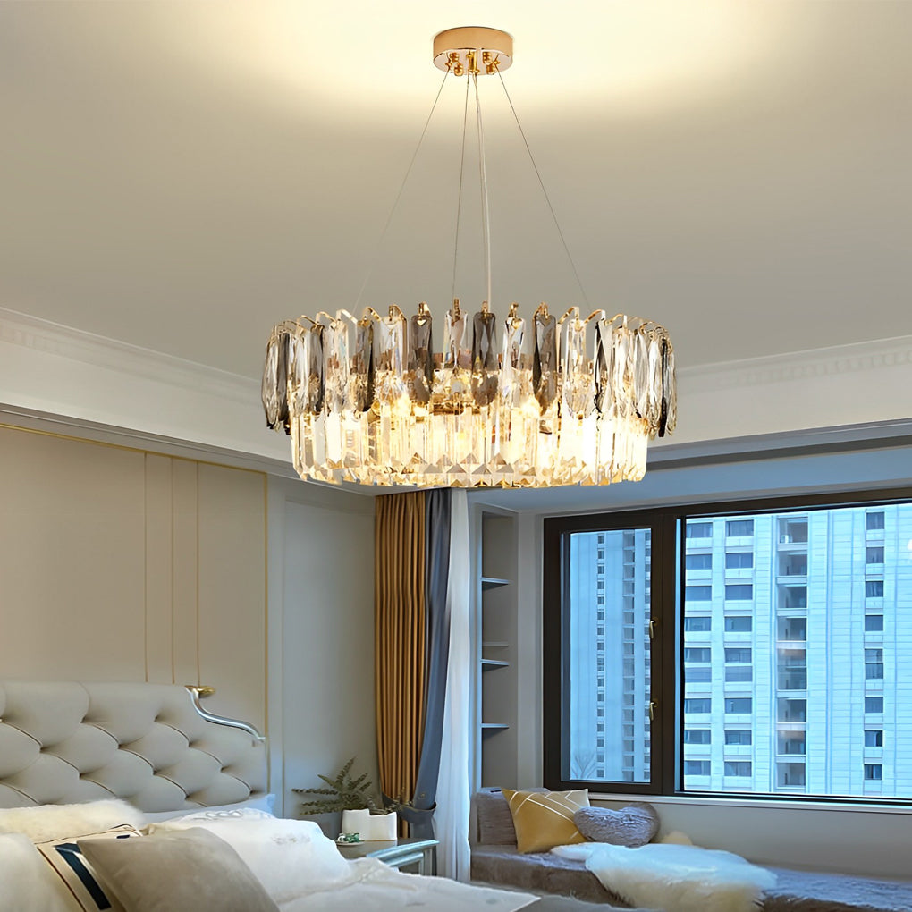 Luxury Modern Gold Crystal Chandelier Round Double Layer Tiered Ceiling Light Fixture