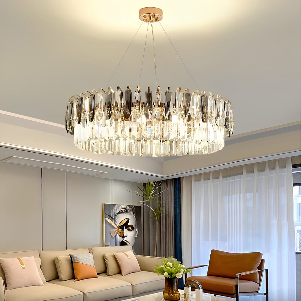 Luxury Modern Gold Crystal Chandelier Round Double Layer Tiered Ceiling Light Fixture