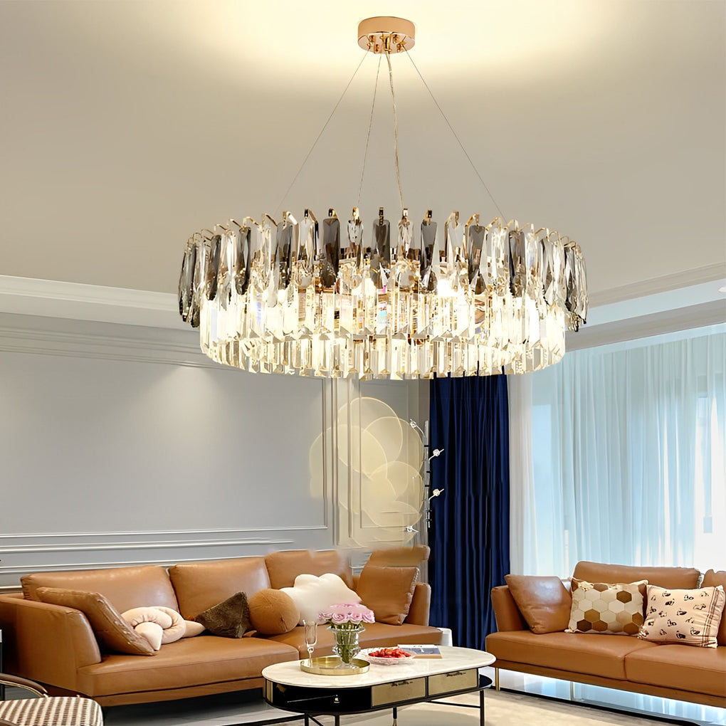 Luxury Modern Gold Crystal Chandelier Round Double Layer Tiered Ceiling Light Fixture